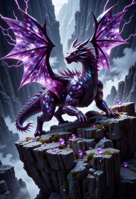 FluxEpicDragon, a crystalline dragon made of cut amethyst and black diamond gemstones with subsurface scattering and light transmission, spreading its wings as subtle purple electricity arcs from the tips, monstrous and colossal crawling down a mountains edge, jagged and sharp gemstone horns and spikes, dynamic and beastly pose, foggy night