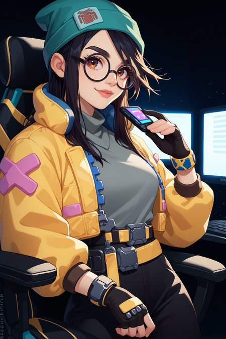 score_9, score_8_up, score_7_up, score_6_up, source_anime, 1girl, solo,  <lora:valorantkilljoy-pdxl-nvwls-v1-000005:1> valoKJ, black hair, brown eyes, green beanie, round glasses, yellow jacket, grey shirt, partially fingerless gloves, yellow belt, black pants, computers, indoors, computer screens, upper body, looking at you, happy, gaming chair, indoors, black theme, breasts, black background, science fiction