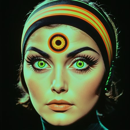 <lora:60sPsychedelicMovie2SDXL:1> ArsMovieStill, movie still from a 60s psychedelic movie, The image is a close-up portrait of a woman's face. She has a futuristic and futuristic look with a black headband that covers her entire face. The headband is made up of multiple layers of red orange and yellow lines that create a sunburst-like pattern. The lines are arranged in a symmetrical pattern creating a sense of depth and dimension. The woman's eyes are large and green and her eyebrows are furrowed. She is looking directly at the camera with a serious expression. The background is dark making the colors of the headband stand out even more. The overall mood of the image is dark and mysterious., solo, 1girl, eye focus, portrait, looking at viewer, black background, lips, multicolored eyes, glowing, black hair
