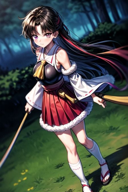 masterpiece,  best quality 1girl Setsun4 solo long hair,  (night time) forest background black hair very long hair purple eyes multicolored hair armor (fur trim) (medium body),<lora:EMS-179-EMS:0.800000>,<lora:EMS-293862-EMS:0.800000>ascot, bare shoulders, black footwear, detached sleeves, embellished costume, frills, japanese clothes, nontraditional miko, red skirt, sandals, sarashi, skirt, socks, armor, miko