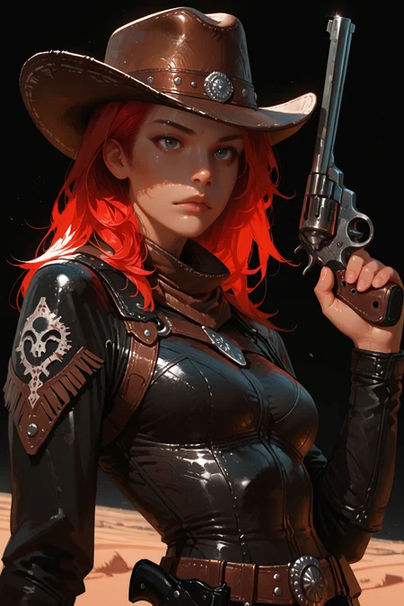 Wild West Variant:
[1girl, solo, looking at viewer, small breasts, short red hair, messy, sharp blue eyes, western, black leather bodysuit with cowboy hat and holster, upper body, black background, holding revolver, desert landscape visible in the distance]hand up, <lora:Detailer_NoobAI_Incrs_v1:0.75>, masterwork, masterpiece, best quality, , dynamic pose,,  dynamic angle, , ,  (lineless:1.2), detailed, depth of field, dynamic lighting, blurry, (cheekbones:0.85), (realistic:1.2)
adult, aged up,, ultra-HD, cinematic lighting, photorealistic, (impressionism:1.5), high detail  ,masterpiece, best quality, very aesthetic, 8k,