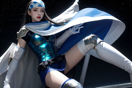 highly insanely detailed, masterpiece, top quality, best quality, highres, 4k, 8k, RAW photo, (very aesthetic, beautiful and aesthetic),  
beth_\(megami_tensei\),bethsmtii,shin megami tensei ii,long hair,black hair,straight hair,sleek black,jewelry,cross,headband,red_lipstick,white cape,cape_with_messian_symbol,Religious_cape,messian_symbol_cape,holy_knight_cape,bandana_with_messian_symbol,Religious_bandana,symbol_headband,messian_church_bandana,white footwear,armored_pads,armored_gloves,knee_pads,armored boots, 
<lora:zs_Beth:0.7>, 
(1girl:1.3), 1other, 
massive iridescent spaceship with nano-material hull, dark matter engines, aerodynamic fins, glowing panels,âââ