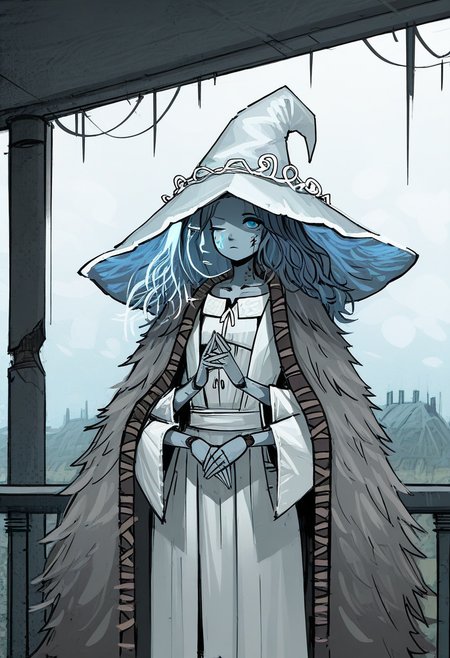 a13xstyle, sketch, graphic novel, masterpiece, best quality, solo,                                                                                           ranni the witch, , hat,  CRACKED SKIN, DOLL JOINTS, ONE EYE CLOSED, FOUR ARMS,,  short, balcony, fantasy land,