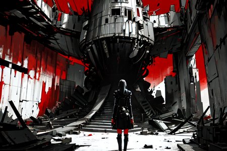 highly insanely detailed, masterpiece, top quality, best quality, highres, 4k, 8k, RAW photo, (very aesthetic, beautiful and aesthetic),  
tsutomu nihei,nihei_tsutomu,blame!,blame gakuen!,abara,TNstyle,sidonia_no_kishi,(deep horizon,megastructure in background,hangar,sidonia \(ship\),tower,giant room,city ruins,stairs),futuristic,decrepit,cyberpunk,flock,empty,dark background,no human,open space,dystopia,destroyed,science fiction,blm, 
<lora:ABARA:0.6>, 
(1girl:1.3), 
solo focus, 
(pure red background,transparent background:1.2),âââ