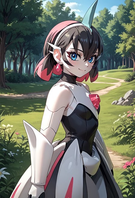 score_4,score_5,score_6,score_7_up,score_8_up,score_9 ((masterpiece,best quality,ultra detailed,highres,HD,4k:1.2)), 
1 girl,solo,face focus,
((ironvaliantsv,pokemon (creature), solo,colored skin, white skin:1.2)),
short hair,black hair,multicolored hair,Inner color pink hair,blue eyes,tattoo,black head gear,earrings,small breast,
outdoors,in the forest,day,
standing,
smile,.blush,light smile,