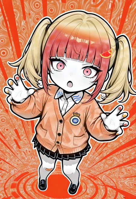 masterpiece, best quaility, graphic design, vibrant colors, b4lt1k40g, 1girl, solo, medium hair, twintails, blunt bangs, multicolored hair, gradient hair, red hair, yellow hair, hair ornament, pink eyes, orange cardigan, collared white shirt, black pleated skirt, bandaiid on knee, nail polish, flat chest, (chibi:1.4), shortstack, from above, high angle, looking at viewer, wide open mouth, wide open eyes, orange theme, abstract background, shocked, small body, head up,