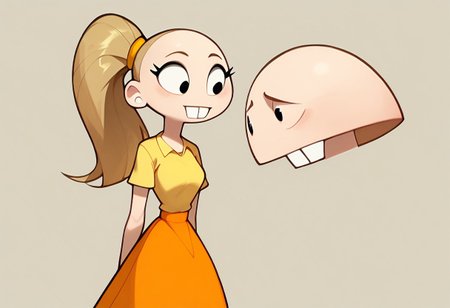 score_9, score_8_up, score_7_up BREAK pegTO, 1girl, bald head, black eyes, yellow hairclip, light brown ponytail, ponytail, buckteeth, bucktooth, no jaw, no lower jaw, half head, jawless, yellow longsleeved shirt, orange skirt, yellow socks, white black shoes,