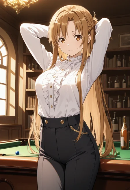 masterpiece, best quality, 1girl, solo, aaasuna, long hair, brown hair, braid, black pants, conductor, frills, gold trim, long sleeves, white shirt, indoors, billiards, pool table, table, arms behind head, cowboy shot, brown eyes, buttons, billiard ball, bottle, bookshelf, looking at viewer, light smile, closed mouth