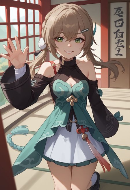 score_9, score_8_up, score_7_up, source_anime, 1girl, qingquedef, green eyes, brown hair, long hair, twintails, braid, hair ornament, hairclip, small breasts, bare shoulders, shoulder cutout, clothing cutout, cleavage cutout, turtleneck, dress, long sleeves, skirt, tassel, white socks, black footwear, boots, standing, smile, looking at viewer, indoors, shrine, close-up, facing viewer, waving, <lora:Qingque_v1-000010:1>