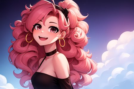 masterpiece, best quality, volumetric lighting, starry sky, 1girl, solo, from side, playing in a cloud, floating in the sky, fluffy hair, curly hair, streaked hair, heart ahoge, sparkling eyes, golden hoop earrings, choker, happy, smile, :D, simple clothes, <lora:floofy-bob-1.0:0.6> floofy bob, big hair, <lora:KTFv2_01:1.0>