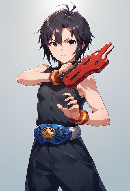 score_9, score_8_up, score_7_up, source_anime,
kkcmkt, short hair, black hair, antenna hair, hair between eyes, black eyes, flat chest,  small breasts, rider belt, henshin pose