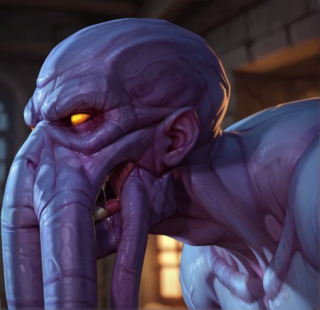 score_9_up,score_8_up,score_7_up,score_6_up,score_5_up,score_4_up, detailed, (best quality:1.2), hi res, digital media \(artwork\)source_furry, source_monster, BREAK,
dungeon, blurry background, close up, three quarter view, side view, portrait, drool, saliva, saliva strands, sticky tentacles, 
kthir, eldritch abomination, monster, face tentacles, tentacles, muscular, glowing, glowing eyes, orange eyes, veins, no pupils, purple skin
<lora:Kthir for PonyXL:0.7>