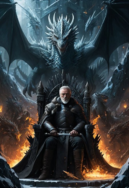 very long shot, (dragon:1.3), 1man, dragon standing behind man,  old man with a black hood, black robe , sitting on a throne, throne of swords, thousand swords throne, Game of Thrones, dragon looming over,  epic fantasy character art, concept art, fantasy art, (ice swirling:1.3), (fire swirling), ((best quality)), ((masterpiece)), detailed soft oil painting, detailed background, dramatic cinematic lighting, soft edge lighting, professional, ultra quality, 4k, extremely detailed, Game of Thrones style