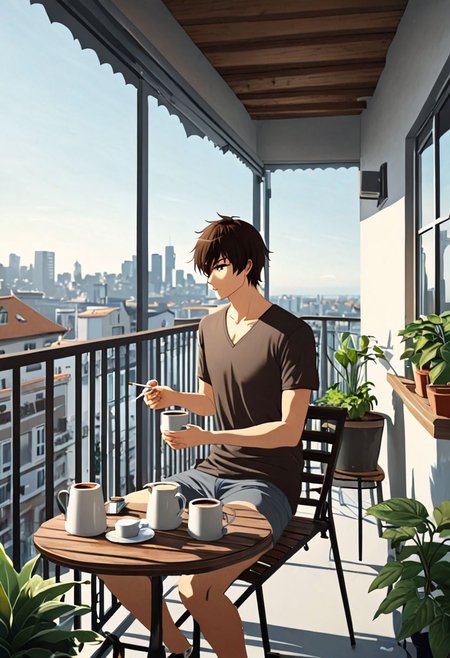 Highres, Masterpiece, High Quality, 4K, 8K, solo, 1Boy, Seiya Kanie, short dark brown hair, golden eyes, home balcony, city view, small table, balcony chair, houseplants, fresh air, morning, breeze, soft sunlight, calm, peaceful, holding a cigarette, cup of coffee, v-neck t-shirt, shorts, relaxing, enjoying moment, ashtray, coffee cup, easynegative, detailed_eye_model