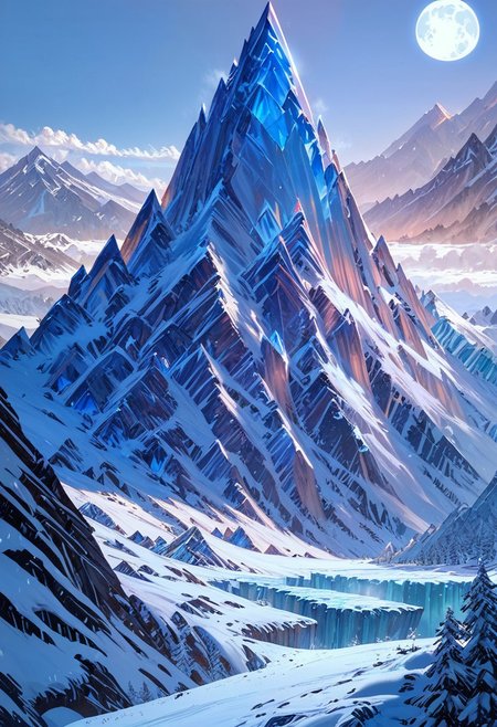 score_9, score_8_up, score_7_up, masterpiece, landscape, mountains, ice, ice world, snow, epiCPhoto, endless ice, cold moon, bleak world, long shadows, flat terrain
