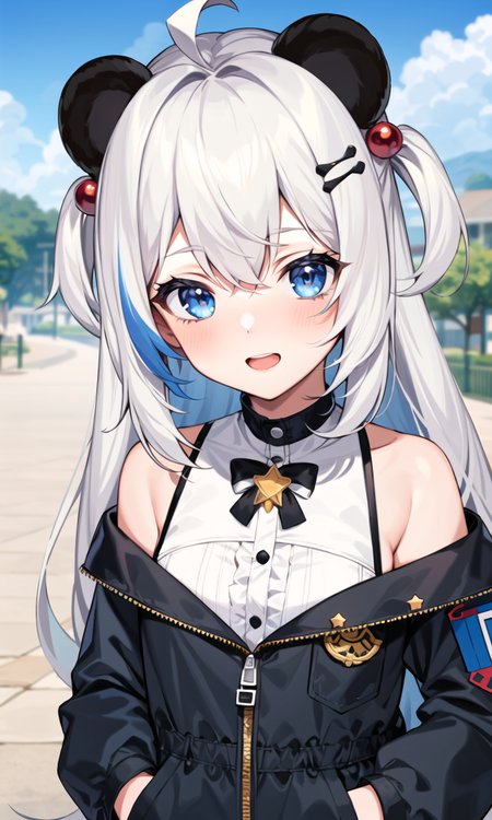 (masterpiece:1.2), best quality, masterpiece,1girl,Dutch angle, from above, perspective, multicolored_hair, blue_eyes, <lora:liDoushaPSP_doushaV05:1>, panda_ears, bangs, bare_shoulders, bear_ears, blue_eyes, blue_sky, blurry_background, blush,cloud, day, depth_of_field, hair_bobbles, hair_ornament, holding, long_hair, looking_at_viewer, multicolored_hair,  outdoors, sky, solo, close mouth, star \(symbol\) on face,hand in pocket,