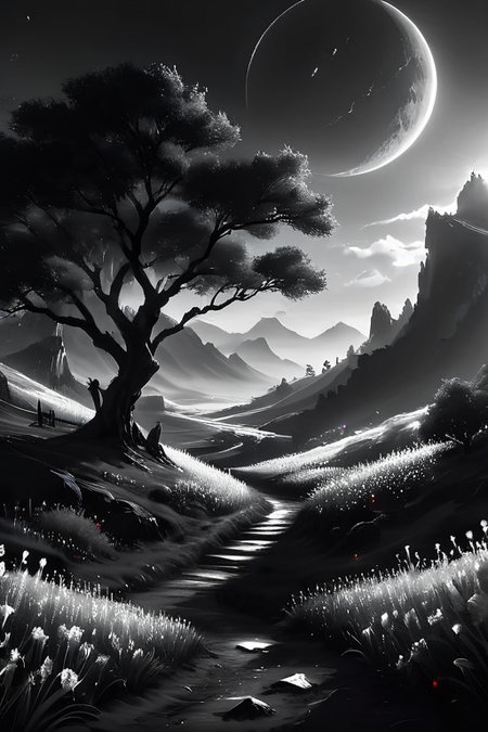 Silhouette style (((Ultra-detailed, 8k, highres, masterpiece)))(((epic-Ultra-HD-details, epic-Ultra-HD-highlights, epic-photo-same-realistic, upscaled-resolution, optimal)))a beautiful serenemagical landscape,<lora:ral-czmcrnbw:0.8>,ral-czmcrnbw,<lora:cs-cr1stal-v2:0.8>,cs-cr1stal-v2,<lora:More_interesting_backgrounds:0.8>,IBG,<lora:more_details:1>,<lora:SyFyEye1_v2.0:0.8>,SyFyEye1, . High contrast, minimalistic, black and white, stark, dramatic