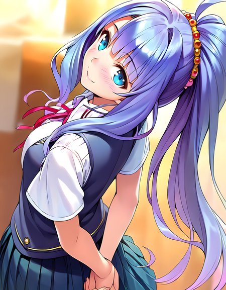 <lora:pony_xl_Priscilla:0.8>,Priscilla,score_9,score_8_up,score_7_up,source_anime,1girl,solo,looking_at_viewer,looking in love,upper eyes,smile,:d,blush,cowboy_shot,school_uniform,arms_behind_back,bent_over,
