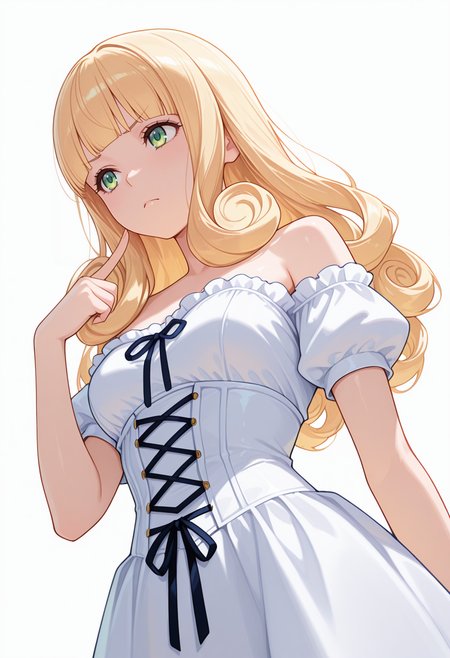 Smooth Quality,masterpiece,very intricate, high quality details, ultra realistic, high detailed skin,detailed enviorement,absurdres,
pointing at self,
 <lora:Poporon_CNR:0.8> poporon_cnr, 1girl, blonde hair, long hair,blunt bangs, green eyes, curly hair,, frown,, simple background, white background, from below,solo,, off-shoulder top, ,bustier,  ,high-waist skirt,  ,
