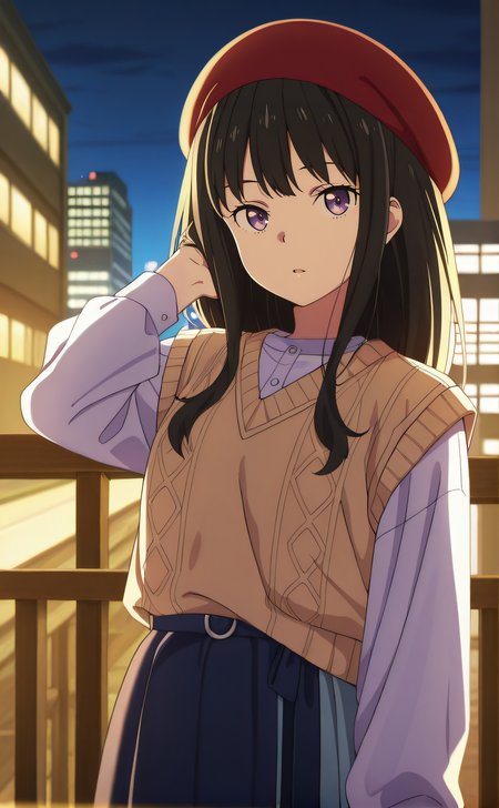 masterpiece, best quality, highres, newest, 1girl, solo, official style, anime screencap, <lora:Inuoe_Takina:1>, takina, black hair, purple eyes, red beret, sweater vest, long sleeves, blue skirt, looking at viewer, expressionless, hand on hair, parted lips, outdoor, night, city
