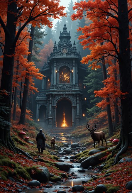 In a vast forest where autumn never ends, the trees are perpetually adorned with leaves in shades of red, orange, and gold. The ground is covered in soft, crunchy leaves, and the air is crisp with the scent of pine and wood smoke. In the heart of the forest, an ancient stone temple stands surrounded by towering oaks and weeping willows. The temple is covered in intricate carvings of mythical beasts and symbols of the forest gods. A stream winds through the forest, its waters shimmering with magic and its banks lined with mushrooms that glow in the twilight. In the trees, small winged creatures with glowing eyes dart between branches, and gentle deer with antlers of silver graze peacefully on the soft moss. The soft glow of lanterns hangs from the trees, casting a warm, inviting light. A group of druids walks along the forest path, their robes made of woven leaves and vines, as they perform a ritual to honor the spirit of the forest.