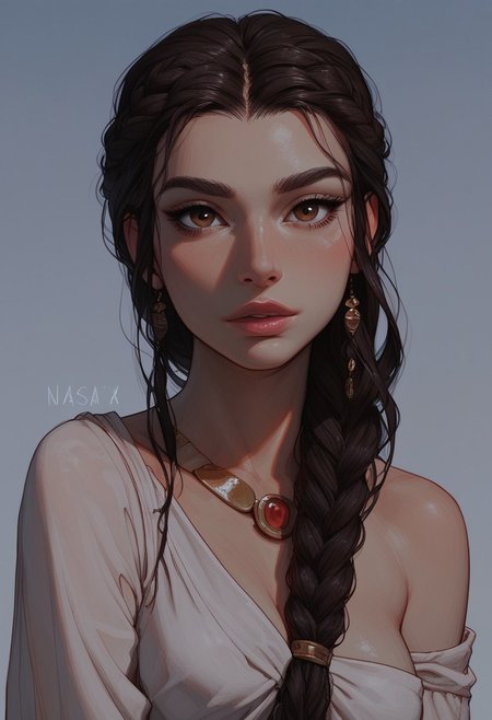 (score_9, score_8_up, score_7_up). ( line work, excellent drawing, highest quality, extremely detailed:1.2). 1woman, Greek Goddess Hera, perfect face, beautiful brown eyes, long lashes, dark hair, princess braid, glossy lips, ancient greek dress, g0thicPXL, romantic, cinematic lighting, volumetric lighting, motion effects, source_cartoon