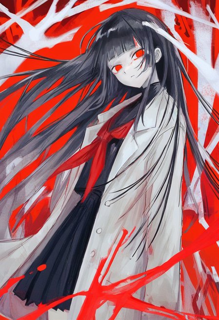 1girl, solo, long hair, red eyes, black hair, labcoat, skirt, looking at viewer, bangs, red background, shirt, black skirt, red neckerchief, white coat, blood, pleated skirt, coat, blunt bangs, neckerchief, closed mouth <lora:shiunXL_NB11_lokr_V6311P:0.95>