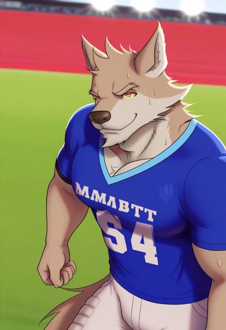 <lora:WyattBYH:1>, wyatt, wolf boy, wolf tail, orange eyes, yellow sclera, perfecteyes, furry male, furry, brown fur, muscular male, bara, athletic build, large pectorals, solo, 1boy, beautiful, hyper-detailed, highres, amazing quality, very aesthetic, depth of field, vibrant colors, high sharpness, soft shading, photorealistic, photorealism, dynamic angle, cinematic lighting, detailed background, football field, blue shirt. white pants, sportswear, sweaty, narrowed eyes, close up, face focus, portrait, smile