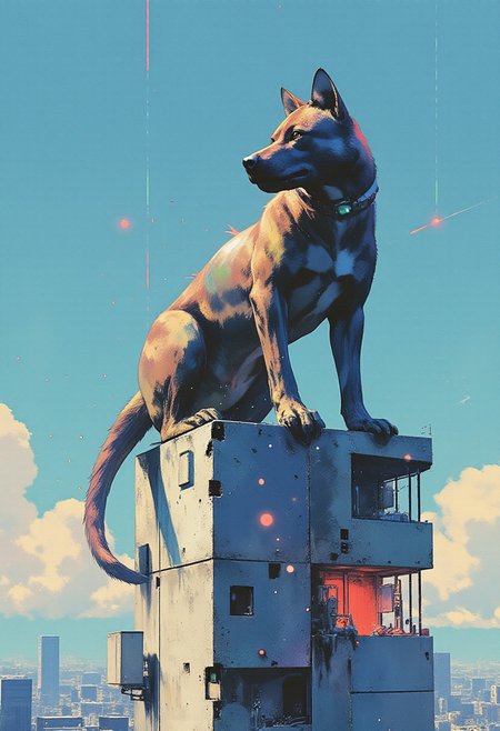 (Highly detailed, hyper-realistic, 8K, steampunk, photograph, Leica M11, 50mm f/1.2 lens, natural bokeh) In a striking anime cyberpunk style, the scene showcases a massive 30-foot humanoid figure perched atop a towering cyberscape building, its head resembling a biomechanical dog canine, merging animalistic features with advanced technology. The humanoid body is muscular and biomechanical, with elongated arms that end in chrome claws, glinting in the sunlight. A devil-like tail curls behind it, adding to its menacing yet captivating presence. 
As the figure sits, the weight partially destroys the building beneath it, concrete and glass crumbling away, showcasing the immense power of this creature. The body is adorned with small LED lights that pulse in vibrant red, green, and blue hues, creating a mesmerizing display against the metallic surface of its skin. A muzzle similar to that of a dog covers its face, designed to restrict biting, hinting at a feral nature beneath its humanoid exterior.
The backdrop features a bright blue sky, contrasting with the chaotic destruction of the building below. This juxtaposition of serene skies and the overwhelming power of the biomechanical figure invites viewers to immerse themselves in this futuristic and thrilling world, where technology and primal instincts collide in a visually stunning spectacle.