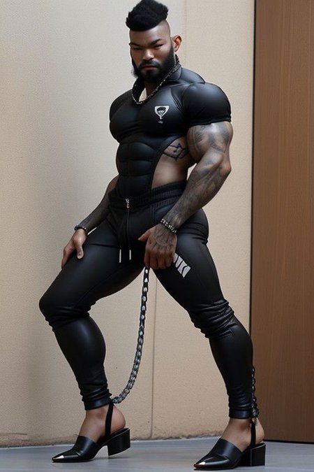 Gay Caucasian man, masculine, hairy, black colour rubber, tight tracksuit, high stiletto heels, chains,  tiny man, hold a gay flag, splitting legs