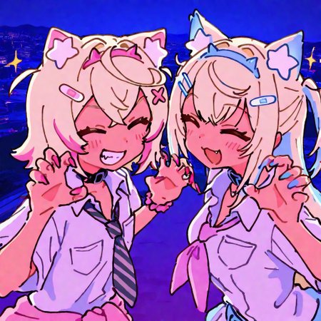 masterpiece, best quality, good quality, very awa, firedotinc, 2girls, multiple girls, fuwawa abyssgard, mococo abyssgard, hololive, virtual youtuber, sisters, fuwawa abyssgard (1st costume), mococo abyssgard (1st costume), alternate costume, gyaru, kogal, school uniform, decora, clothes around waist,  jewelry, fake nails, multicolored nails, claw pose, sparkle, smile, ^ ^, light blush, portrait, scenery, pastel colors, heisei retro, yume kawaii, <lora:ai_styles_collection_noob_vpred-1.0-v4.02:1>