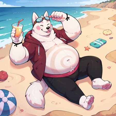 score_9, score_8_up, score_7_up, score_6_up, score_5_up, score_4_up, cori, dog, chubby, fat, hoodie, goggles, pink cheeks, white fur, outside, beach background, beach scenery, water, relaxing, laying down, looking at viewer, sunglasses, barefoot,<lora:Cori_Breeze_In_The_Clouds_PonyXL:0.80> cori