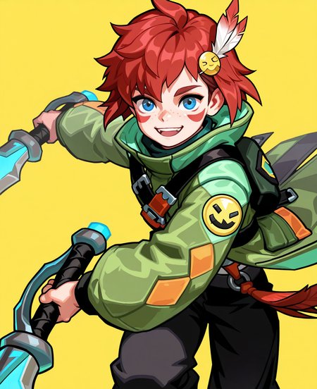 <lora:smashlegends:1> smashlegends,
(masterpiece), (best quality), (ultra-detailed), amazing quality, very aesthetic, illustration, perfect composition, intricate details, absurdres, incredibly absurdres, shiny skin, realistic,
 smashlegends, 1boy, male focus, blue eyes, yellow background, solo, red hair, feathers, simple background, open mouth, jacket, freckles, weapon, , smile, hair ornament,  weapon, facial mark, looking at viewer, green jacket, short hair, pants, black pants, general