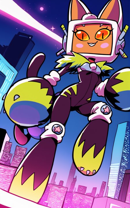 score_9, score_8_up, score_7_up,((best quality)), absurdres,<lora:BolivanteStyle:0.8>,  <lora:PADIPXL:0.8>,PADIPXL,featureless feet, orange eyes, yellow eyes, knee pads, fake animal ears, bodysuit, animal hands, cat ears, tail, cat tail,blush stickers,slim, action pose, city, futuristic, smile, teeth,half-closed eyesm black eyes,looking at viewer
