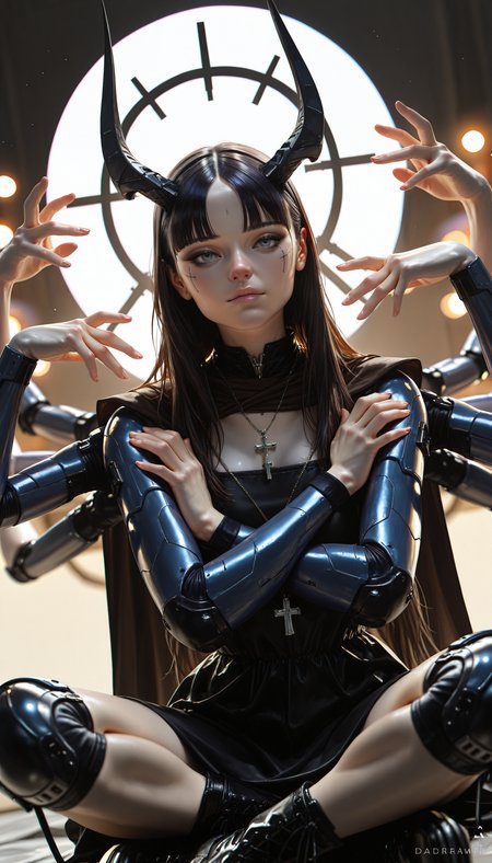 ((seductive, realistic, 3D, pinup, pinup_\(style\), science fiction, cyberpunk, portrait, cowboy_shot, blurry, bokeh, best quality, dutch angle, depth of field))
((Dre4mingDe4th, 1girl, solo, long_hair, looking_at_viewer, bangs, blue_eyes, black_hair, dress, original, brown_eyes, sitting, very_long_hair, jewelry, closed_mouth, full_body, boots, horns,  cape, armor, necklace, black_eyes, black_footwear, arms_up, black_dress, lips, grey_eyes, parted_bangs, hands_up, watermark, colored_skin, outstretched_arms, crossed_legs, cross, pale_skin, single_horn, halo, pendant, forehead, science_fiction, realistic, nose, indian_style, knee_pads, cross_necklace, extra_arms))