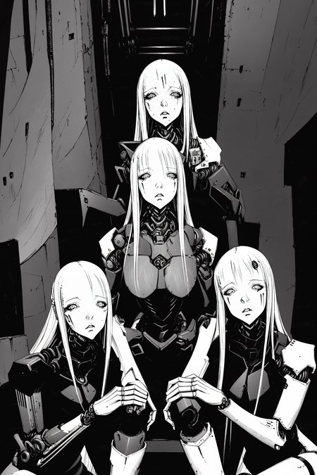 Best quality, ultra detailed
4 woman, cyborg, mech, wires
sitting, vooking at viewer
<lora:animeoutlineV4_16:0.8> (lineart, monochrome:1.1)
<lora:blame5:1>
necromancy, dark magic, demonic, dark background, dark fantasy illustration, (high-resolution:1.2), <lora:fantasyV1.1:0.6>, dimly lit <lora:epiNoiseoffset_v2-pynoise:0.7>