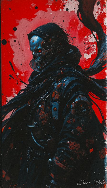 A terrifying reaper cyborg, his metallic frame gleaming against a gruesome, blood-stained background.