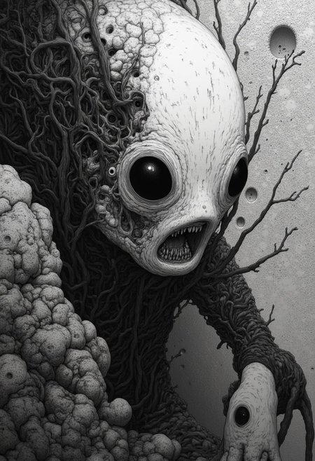 Portrait of macabre Nosferatu, infernal vampire, intense black and white art, high contrast, desolation, tenebrism, dark surrealism art, style of Hieronymus Bosch