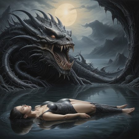 painting of a woman laying on a body of water with a giant monster, art of hans ruedi giger, giger portrait of queen dragon, the thing alien assimilation, art giger, giger art, by Jim Burns, giger ), ( h. r. giger ), by Giger, style of jim burns, (h.r giger)