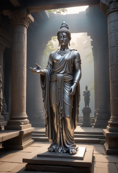 (medium full shot) of (awe-inspiring silver statue) standing tall,  , with traditional toga,   located in  a mystical temple, with hidden chambers, ancient artifacts, sacred symbols, tranquil meditation areas, rustic benches, at dawn, Masterpiece,best quality, photo, realistic, very aesthetic,