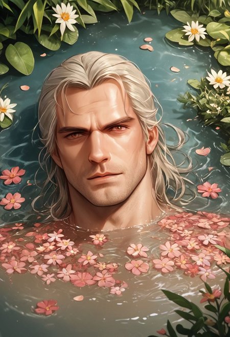 score_9, score_8_up, score_7_up, score_6_up, score_5_up, score_4_up,  source_anime, 1man, solo, hud_sp_bth,  flower, petals, water, bath, plant, dskGeralt, detailed face, handsome face, straight nose,