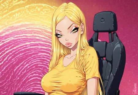 embedding:urn:air:sd1:embedding:civitai:222256@250708, score_9, score_8_up, score_7_up, BREAK, 1girls, Zfive, sitting, posing sexy soft yellow short t-shirt, gaming chair, upper body focus, (looking at viewer), gamer, bimbo, (yellow neon background:1.2), bored face, tired face, (noise reduction panels:1.2),
stella, yellow hair, mature lady, long hair,  yellow eyes, BREAK, 
detailed face, room background,