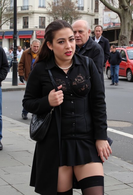 Pale female 20years student, spanish, very white skin, 1girl, serious, very arrogant expression, salacious expression, pervert gaze, seductive, excited, seductive,  (ultra heavy  bold dark brown shiny lipstick:1.6), dark lipstick:1.7, dark black-brown hair, very long  (one single) braid hairstyle, white skin, very detailed skin, pores, imperfections, dark black-brown eyes, pearl earrings, heavy black eyeshadow:1.6, kayal, heavy makeup, (bold and thick dark steep arched eyebrows:1.6), Seductive look, black laced shirt, see through blouse, large breasts, long black winter-coat:1.6 is very little opened revealing view, black pleated skirt, in the densely populated city center of Paris, she waits at the roadside for her taxi pickup. the tops of her hold-up stockings with very wide lace trim are visible, and one of them has slipped down slightly, which she is trying to hold up with her hand. She feels uncomfortable and stressed as the stockings keep slipping down. She looks around desperately for the taxi. An old, overweight man approaches from the side and stares at her legs. In the background, other old men are watching the woman, adjusting themselves, and moving closer, she wears textile knee high boots:1.6,