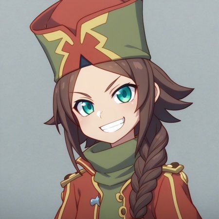 mana_sk style, portrait, focus on face, a daring pirate captain girl with shoulder-length dark brown hair tied in a loose braid and sharp teal eyes, wearing a tricorn hat adorned with a red plume and a weathered leather coat, her confident grin revealing a fearless spirit, faint outlines of a stormy sea in the background, Japanese RPG style, adventurous and bold atmosphere, intricate details on her hat and coat