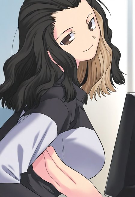 masterpiece, best quality, <lora:Tsukihime NXL:1>,solo,masterpiece, best quality, 
1girl, female focus, large breasts,  solo, brown eyes, thin brown streaks in hair, black hair, thin blonde streaks in hair, multi-colored hair, medium hair,wavy hair, hair part, side part, hair slicked back, small mouth, short nose, small nose, cute face, soft hair,
indoor, office, head tilt, hands behind back, leaning forward, quarter view,  innocent smile, comforting feeling, 
computer,