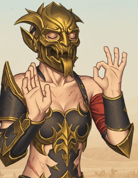score_7_up, score_6_up, a20t43c-dh BREAK, pachameme, hands up, ok sign, closed eyes, SisterofSlaughter, mask, armor, scar <lora:Artist_Style_-_a20t43c:1> <lora:add-detail-xl:0.3>  <lora:SistersofSlaughter_PonyXL:0.7>