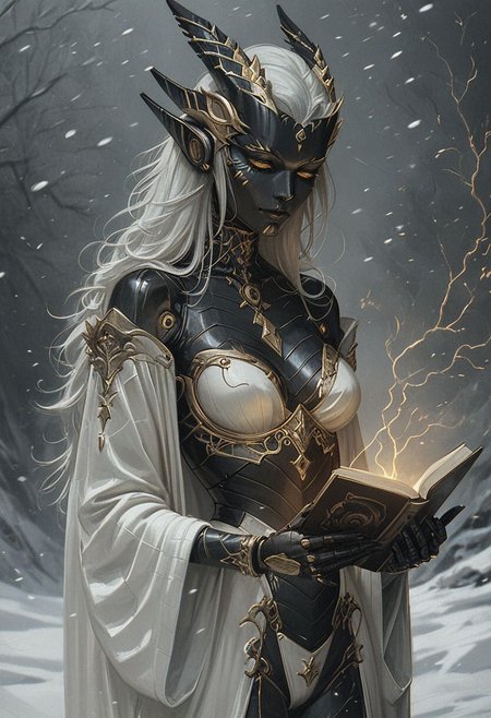 score_9, score_8_up, score_7_up, 
robot girl, (robot body), black metal body, long hair, 
hkmagic, casting lightning spells, white robe,
proud, medium breasts, silver, gold accents, 
solo, xenotr1p, 
(snowy mountains, dragon, sunset in the background),