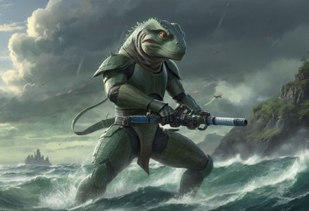 star-wars style spaceship, a (solo:1.5) black white lizard in (star wars armor)  katana sword on belt  (cockpit instruments view:1.5)  (ocean:0.5) (waves:0.5), in the middle of sea, 
dawn, heavy rain, wind, windy, typhoon, hurricane, tropical storm, fog, mountain, sky, cloud, deluge, rainforest, 
scenic background, epic landscape, scenery artwork, beautiful concept art, highly detailed, dynamic lighting, cinematic, anime screencap in mnst artstyle, (soft focus),full body character portrait landscape, <lora:AddDetail:1.6>,