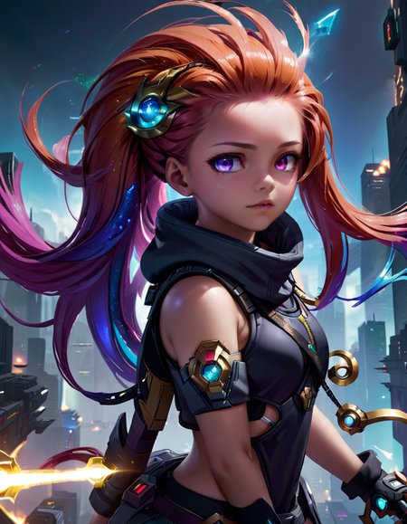 Techwear fashion 1girl zoe, (heterochromia), long multi colored hair, league of legends, Low Angle Shot,
 <lora:LolZoeXL:0.9> <lora:xl_more_art-full_v1:0.4>, ZIP2D . Futuristic, cyberpunk, urban, tactical, sleek, dark, highly detailed
