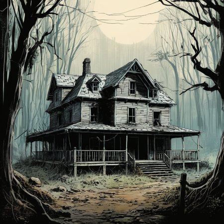 concept art of  <lora:graphic novel style:1.2>
1980's a manga comic drawing of an old house abandoned with a creepy look in the woods In graphic novel style, digital artwork, illustrative, painterly, matte painting, highly detailed